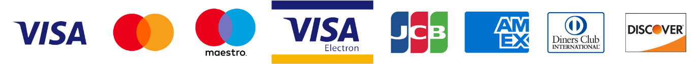 VISA, Mastercard, Maestro, JCB, American Express, Diners Club and Discover accepted